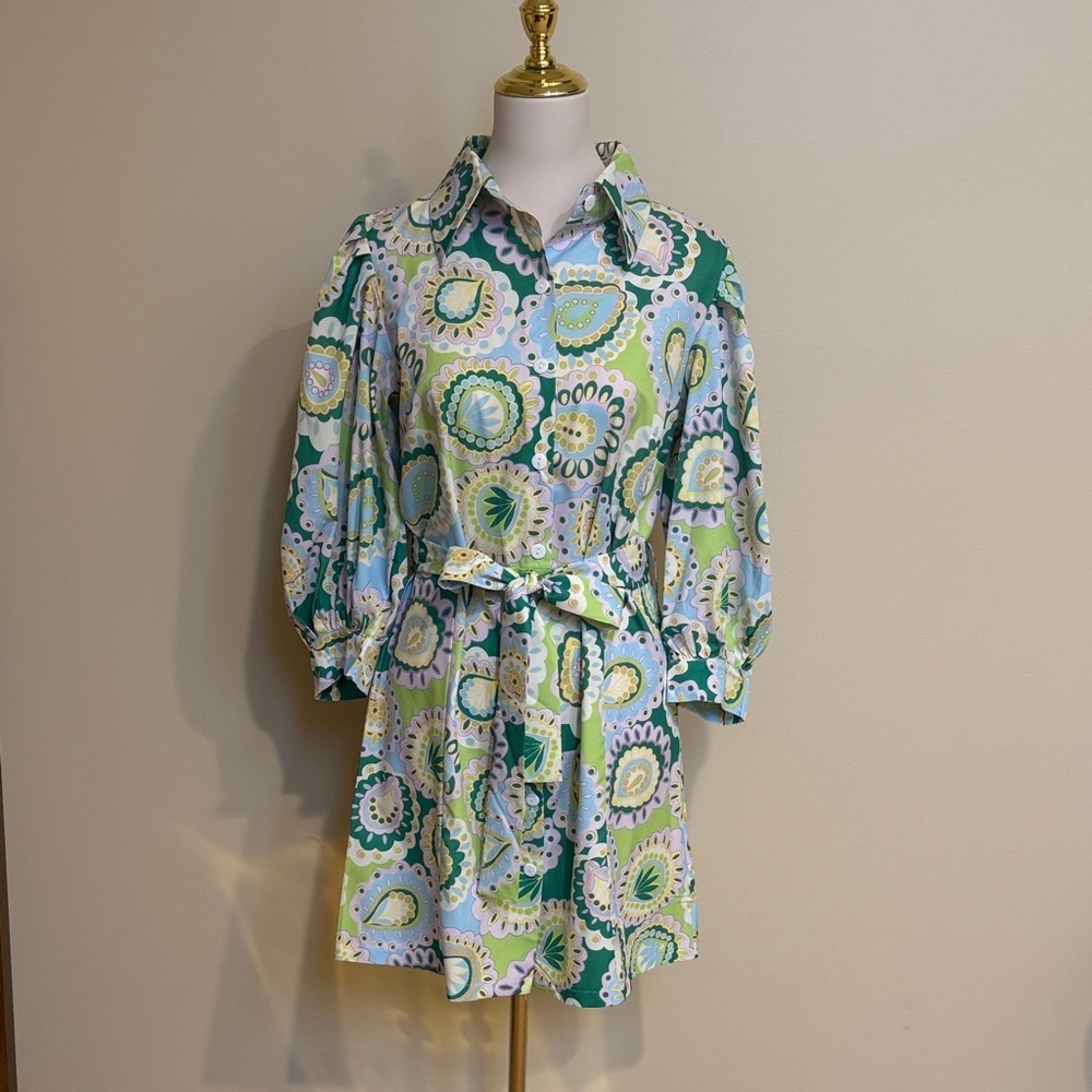 SundayUp Belted Paisley Shirt Dress Size M Retro Mod Pastel Green Blue Lilac